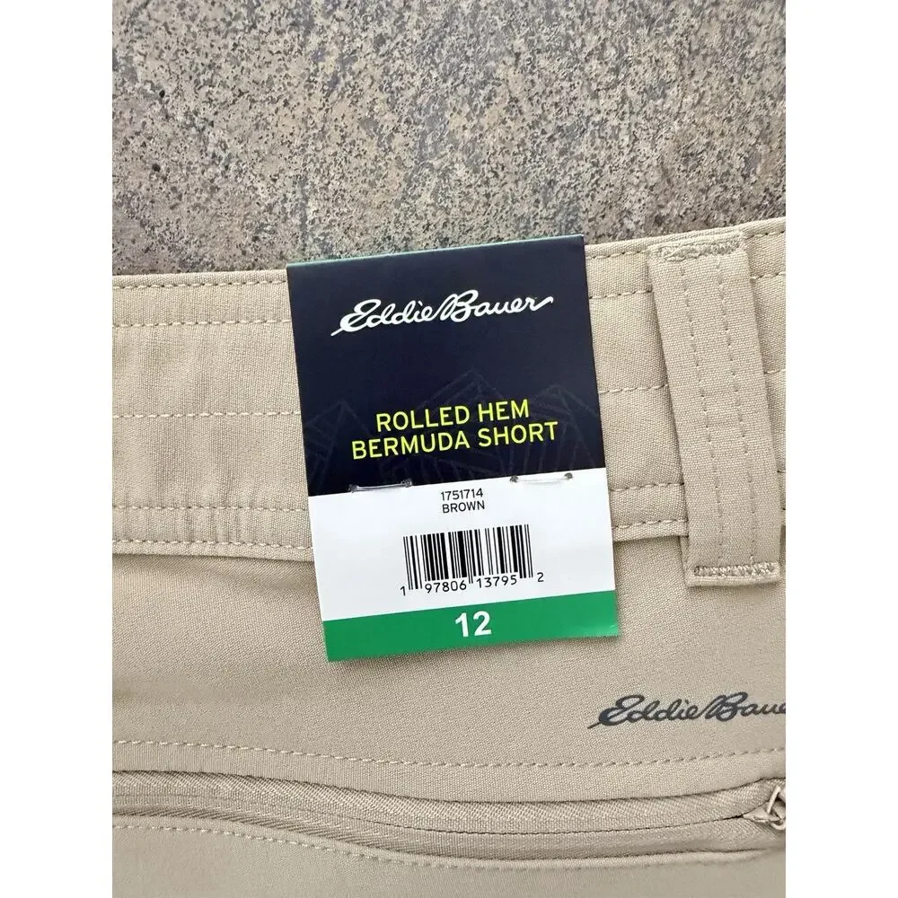NWT Women’s Eddie Bauer Khaki Shorts Rolled Hem Bermuda Size 12 UPF 50 Pockets